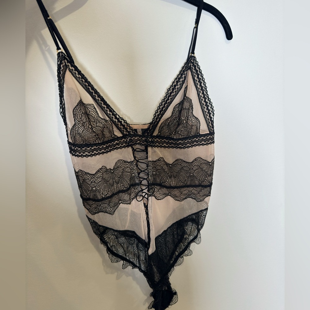 Victorias Secret Black and Tan Mesh Bodysuit